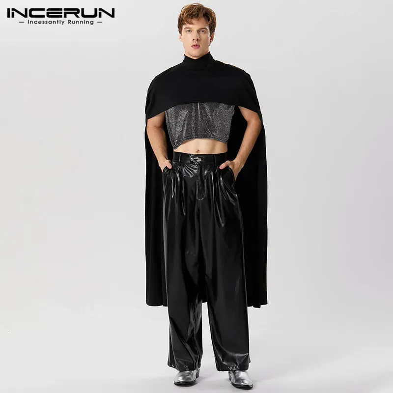 Stylish All-Match Tops Incerun Men's Sticked Solid High Neck Trench Streetwear Solid Front Short Back Long Shawl Cape Coat S-5XL 240117