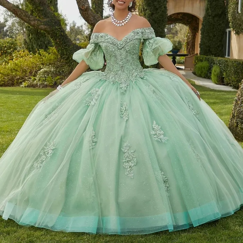 Glamorous Sage Green Appliqued Beaded Off-Shoulder Glitter Tulle Sweetheart Quinceanera Sweet 15 Ball Gown DP7200