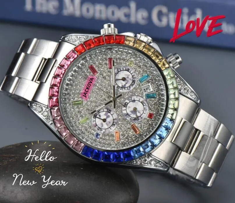 Famous men diamonds ring shinning starry watches luxury stainless steel auto date quartz clock automatic no-mechanical Sub Dials Working Waterproof Watch gifts
