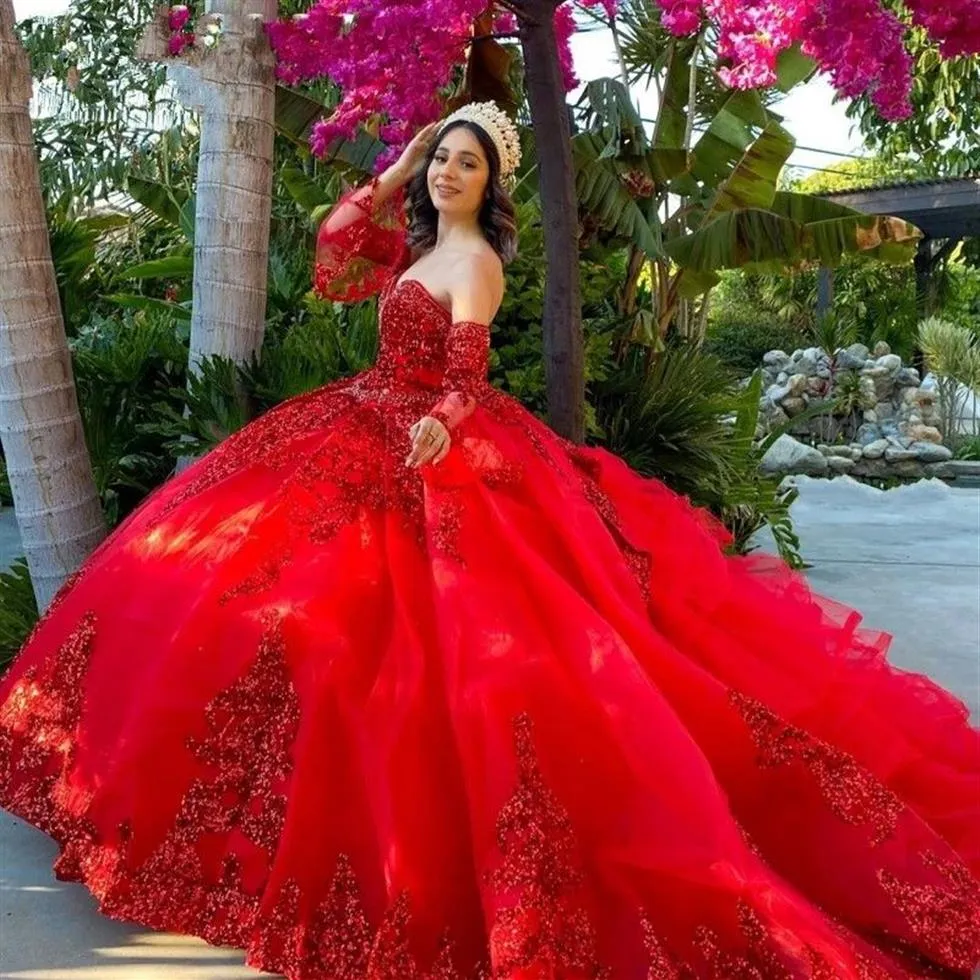 Vestidos mexicanos de color rojo oscuro de 15 a os Vestidos de quinceañera con mangas removibles Apliques de lentejuelas Vestido largo de fiesta dulce 16 177e