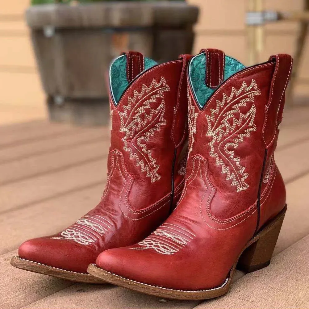 BONJOMARISA bottes occidentales brodées pour femmes bottines courtes Cowboy Cowgirls sans lacet talon épais chaussures Vintage 240116