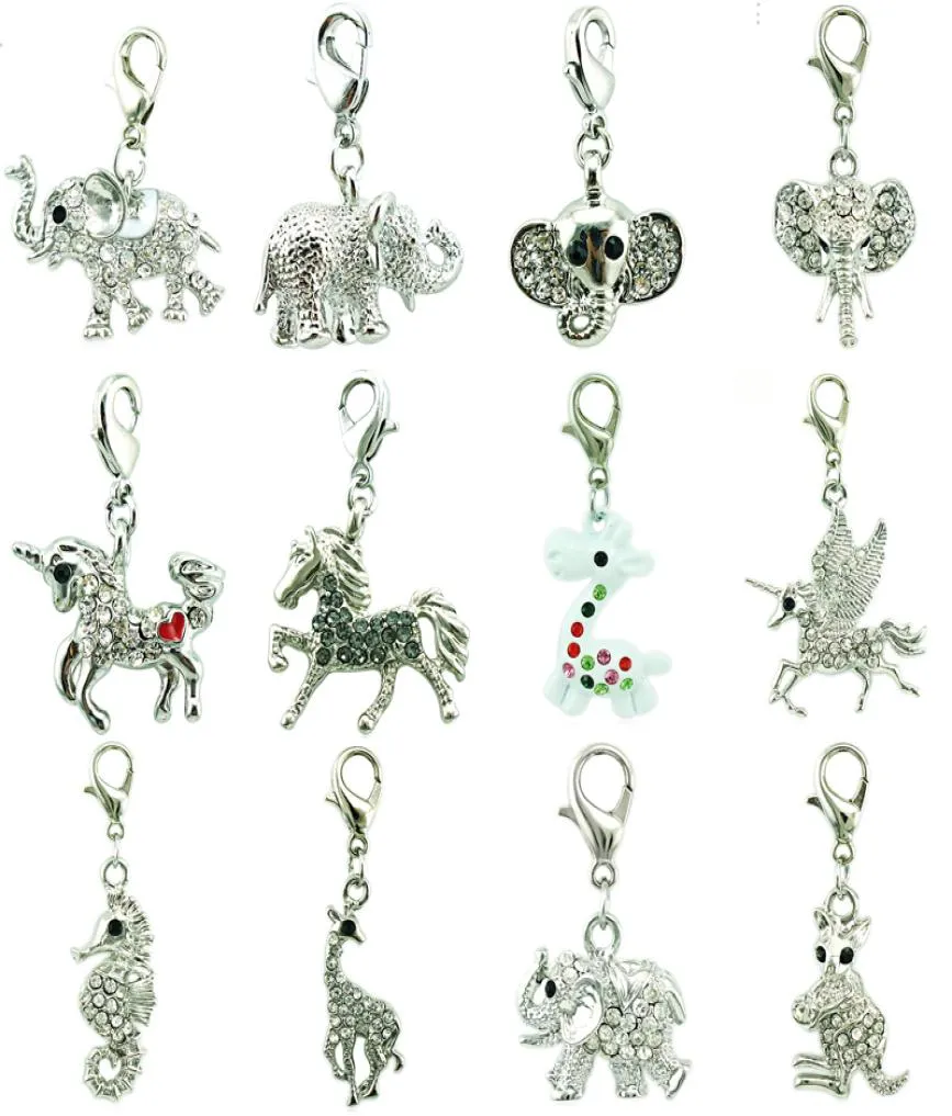 12pcslot mix White Rhinestone Elephants Horse Animal Charms hängen med hummerlås diy för smycken tillverkning accessoarer2841683