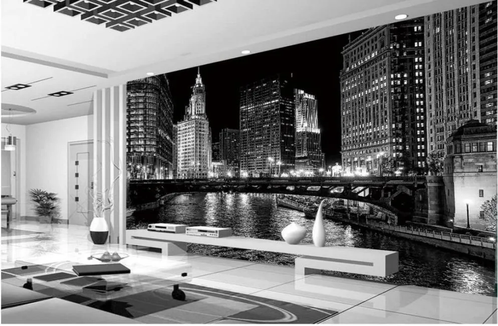 Schwarz-weiße Stadtnacht-Wandbilder, 3D-Tapete, 3D-Tapeten für den TV-Hintergrund2080638