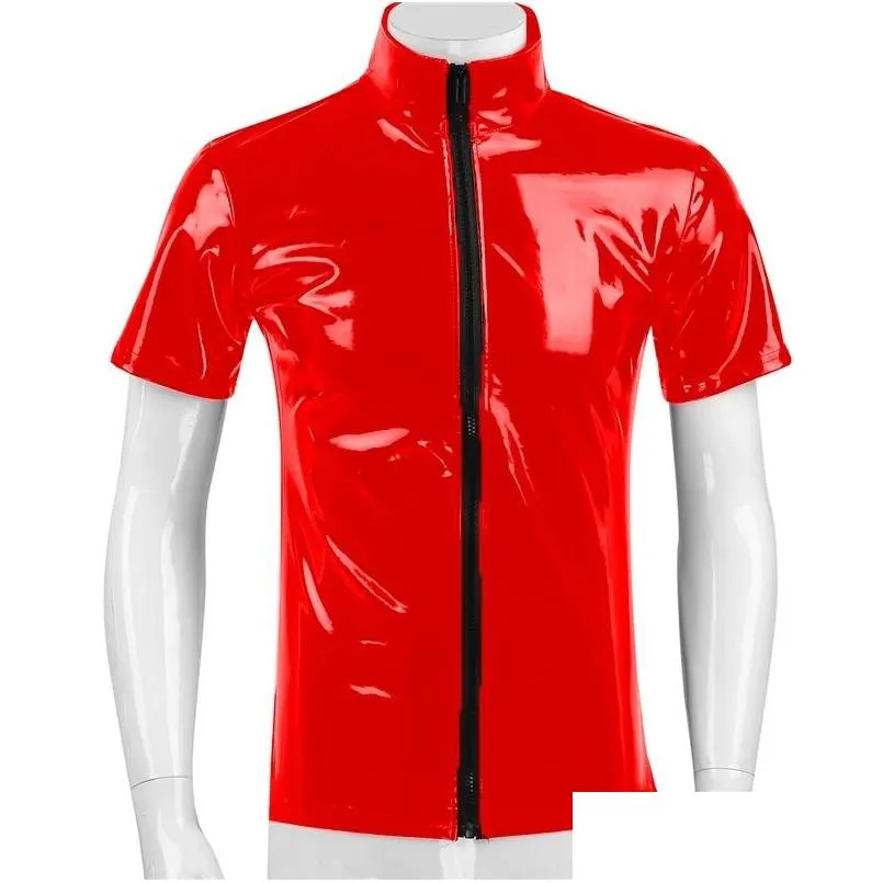 Herr t-shirts herrar t-shirts y glansig pvc läder kortärmad skjorta erotisk sha latex casual coat man glansig metalliska patent toppar dro dhj62