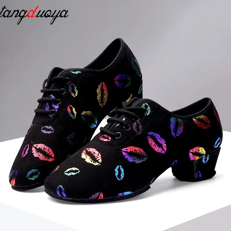 Chaussures de danse à talons hauts baskets femmes salle de bal chaussures de danse latine femme noir bout fermé chaussures de danse pour femmes Lip print 240116