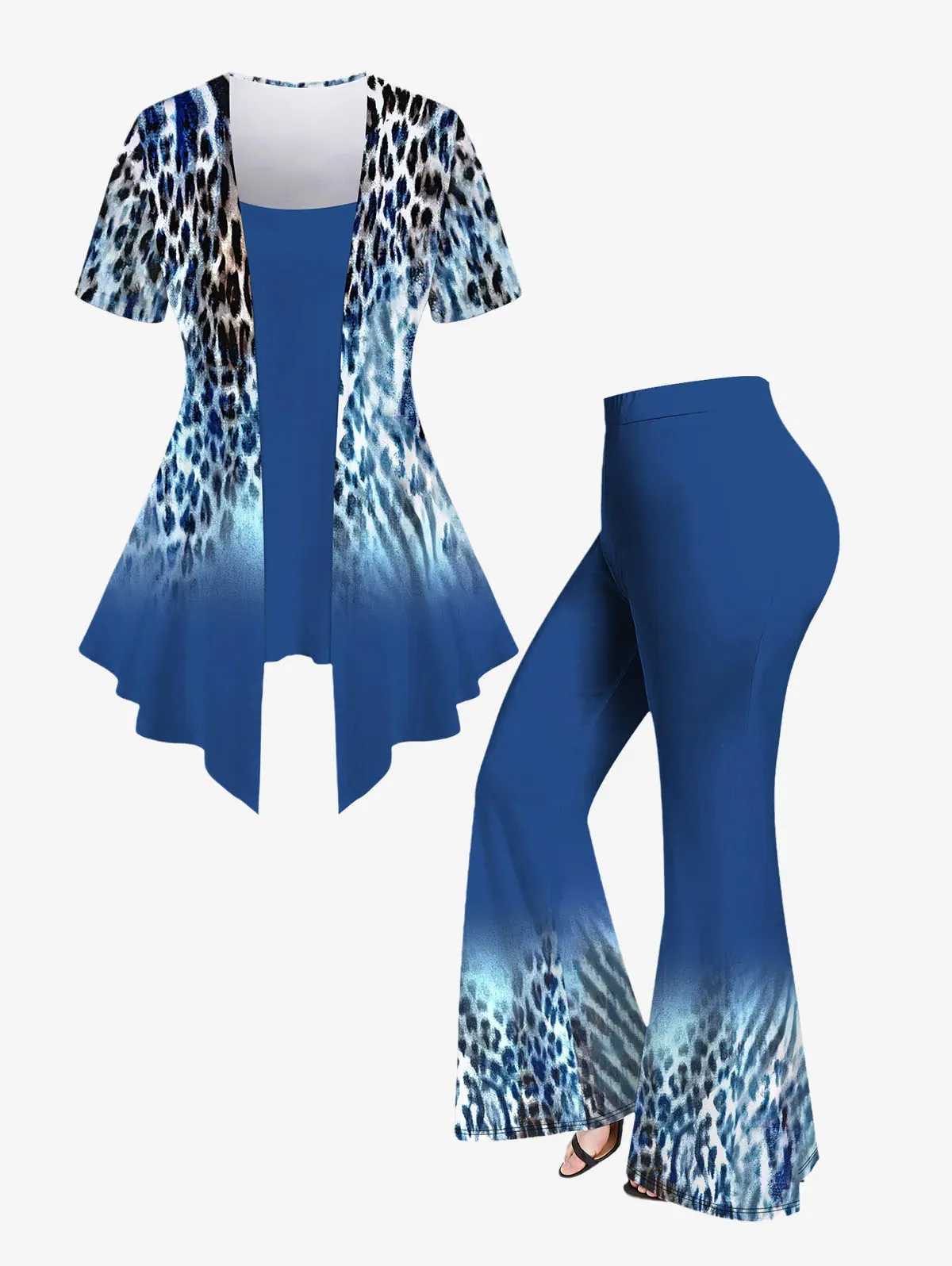 Leopard tryckt 2 i 1 t-shirt eller flare byxor plus storlek kvinnors outfit sommar streetwear casual matchning set topp bottnar xs-6x 240117