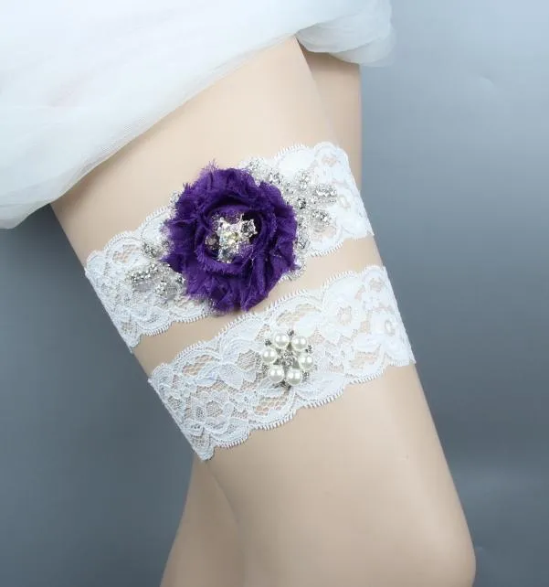 Blue Wedding Garters For Bride Bridal Leg Garters Belt 2 Pieces set Lace Rhinestones Pearls Plus Size Chiffon Flowers handmade7049086