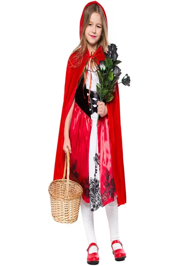 Flickor Little Red Riding Hood Dress med Hooded Cape Costumes Cosplay för barn Halloween födelsedagsfest cosplay9879493