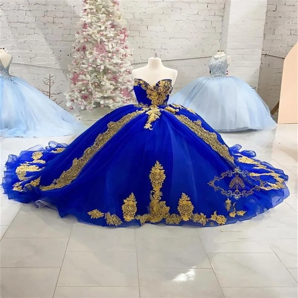 2022 Royal Blue Gold Lace Vestidos de Novia Quinceanera klänningar älskling Lace-up långa tågklänningar kvinnor plus storlek prom party eve249s