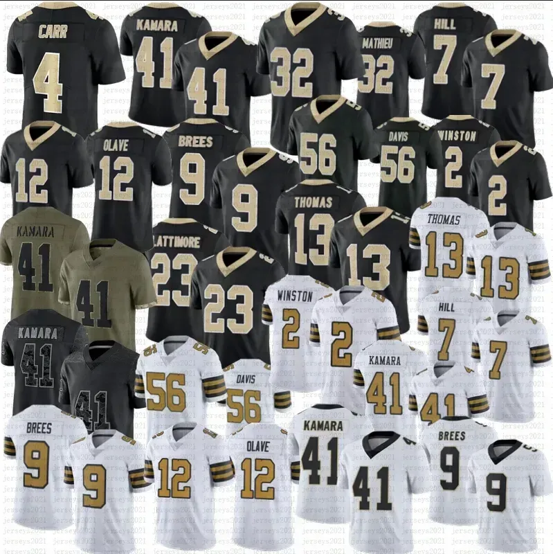 New Orleans''saints''drew Brees Tyrann Mathieu Camisa de futebol Derek Carr Chris Olave Ain Kamara Jameis Winston Thomas Taysom Hill Marshon