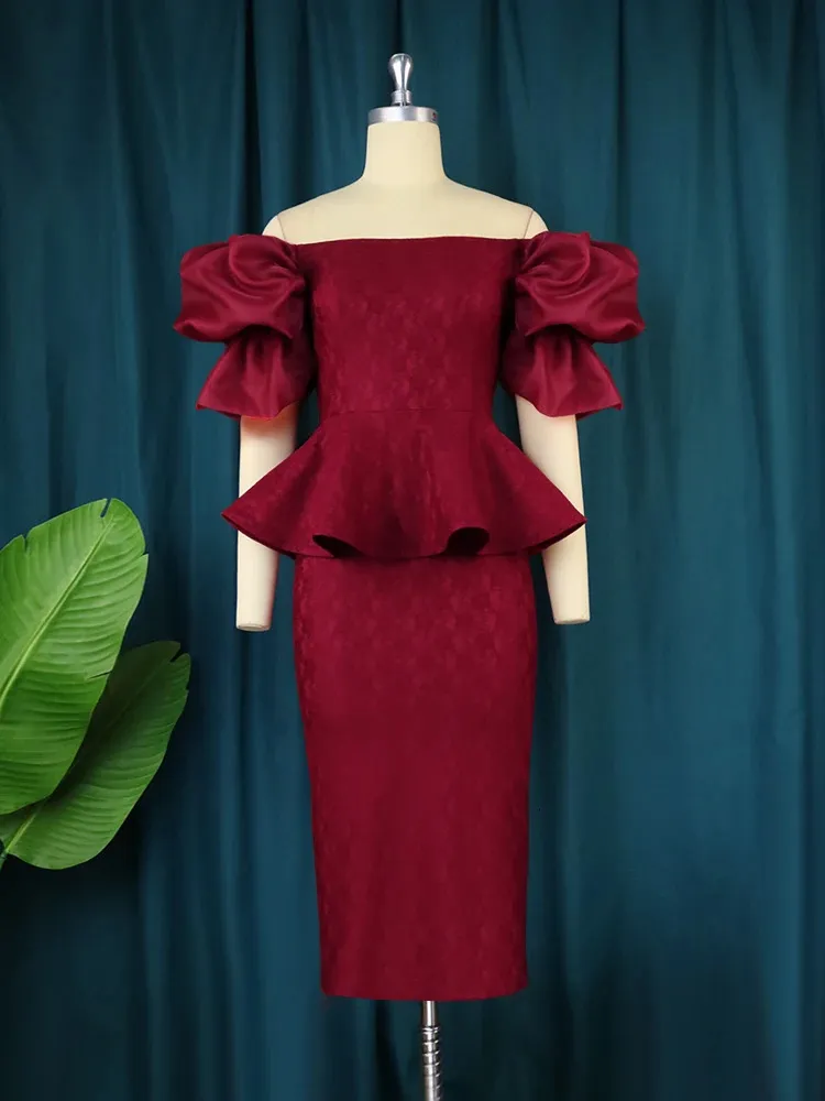 Burgundy Lace Off-Shoulder Peplum Midi semi formal outfits for Plus Size 4XL - Perfect for Fall Evening Parties (2023 240116)
