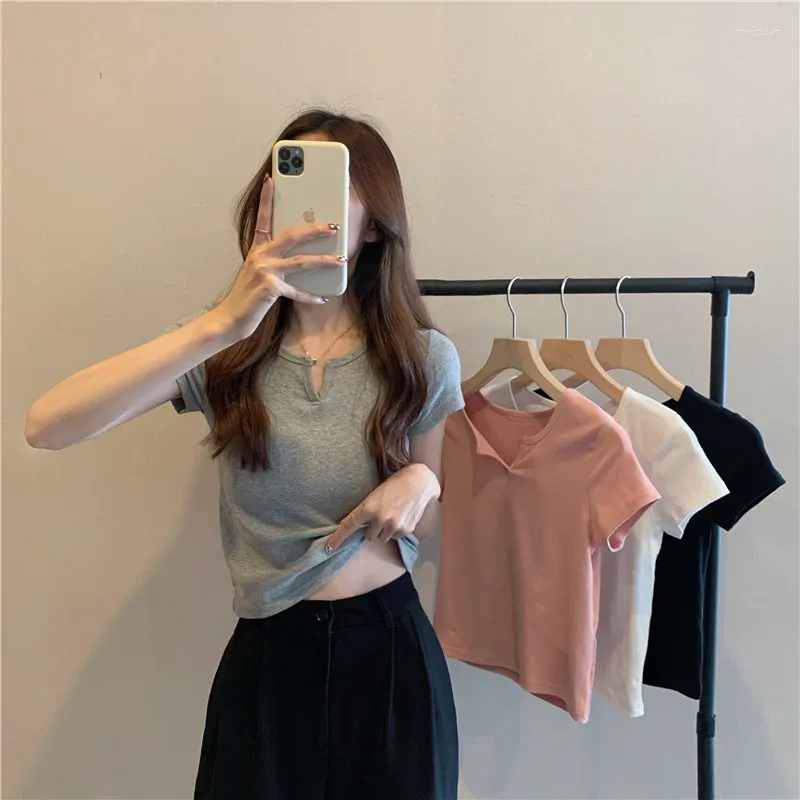 Kvinnors T-skjortor Basic Solid Crop Top Short Sleeve V-Neck T-shirt Summer Casual Tee For Women Y2K Vintage Harajuku Streetwear Clothes