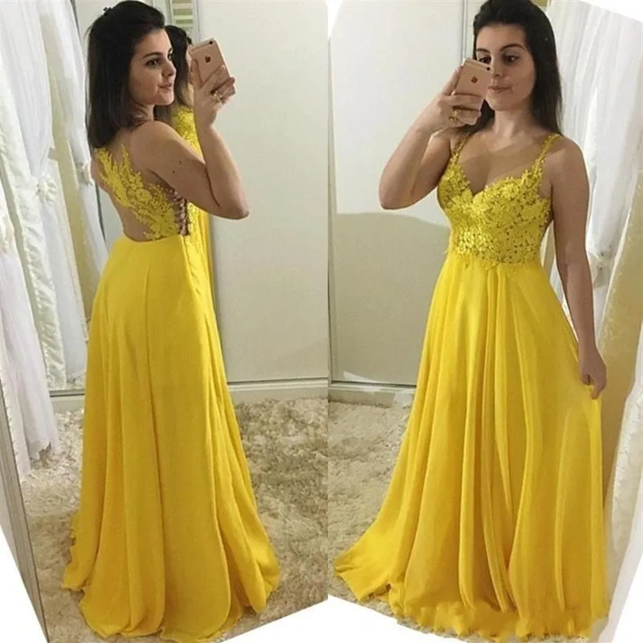 Robes de bal en mousseline de soie jaune 2020 plus récentes bretelles spaghetti illusion dos dentelle appliques longueur de plancher sur mesure robe de soirée formelle 201x