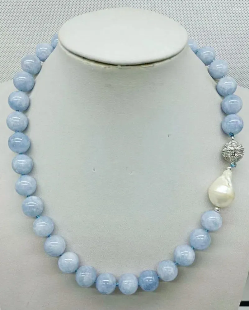 Pendants Fine 12mm Blue Aquamarine Round Beads & White Freshwater Cultured Pearl Pendant Necklace 18 Inch Jewelry Gifts For Women