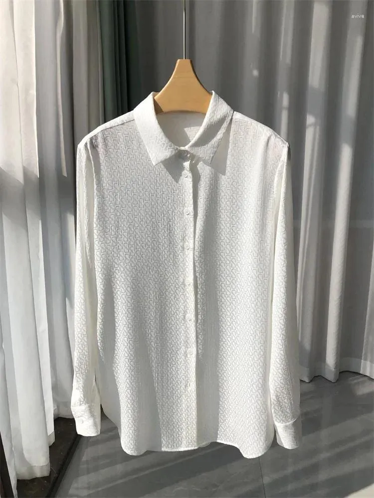 여성용 블라우스 클래식 편지를위한 Jacquard Blouse 실크 턴 다운 칼라 싱글 가슴 캐주얼 셔츠