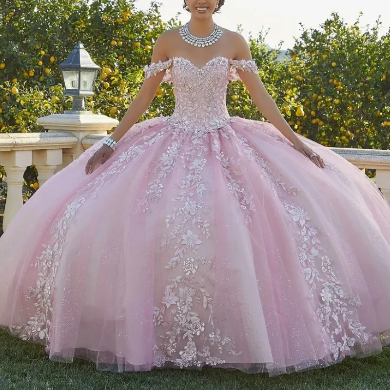 Glitter Pink Quinceanera Dresuj z aplikacji na ramię koronkowe koraliki cekin dla 16 dziewcząt piłka formalna sukienki vestidos de 15