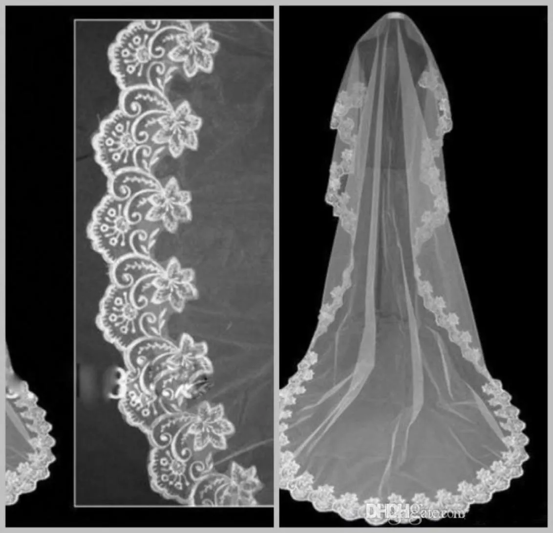 Moins cher 2018 accessoires de mariage élégants Tulle blanc 3 mètres de Long voile de mariage voile dentelle Appliques mariée Veil2836411