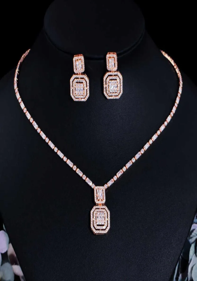 Cwwzircons glänsande baguett kubik zirkoniumbröllop brudparty halsband örhängen mode guldfärg smyckesuppsättningar tillbehör T583 H2256719