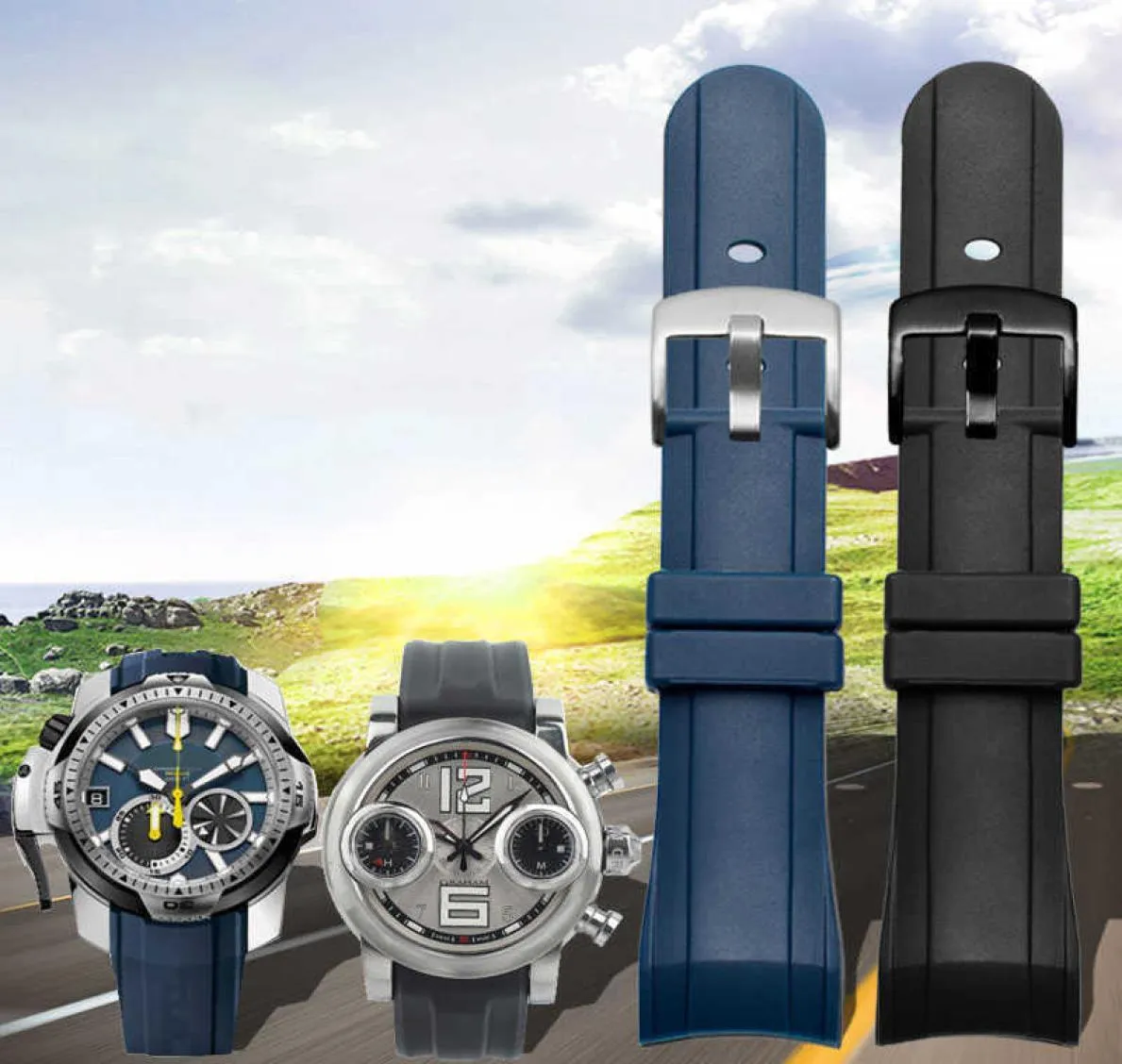 Speciale siliconen horlogeband met gebogen interface voor Graham Racing Chronograph Series Rubberen mannelijke band 24 mm Zwart Blauw Polsband H01724391