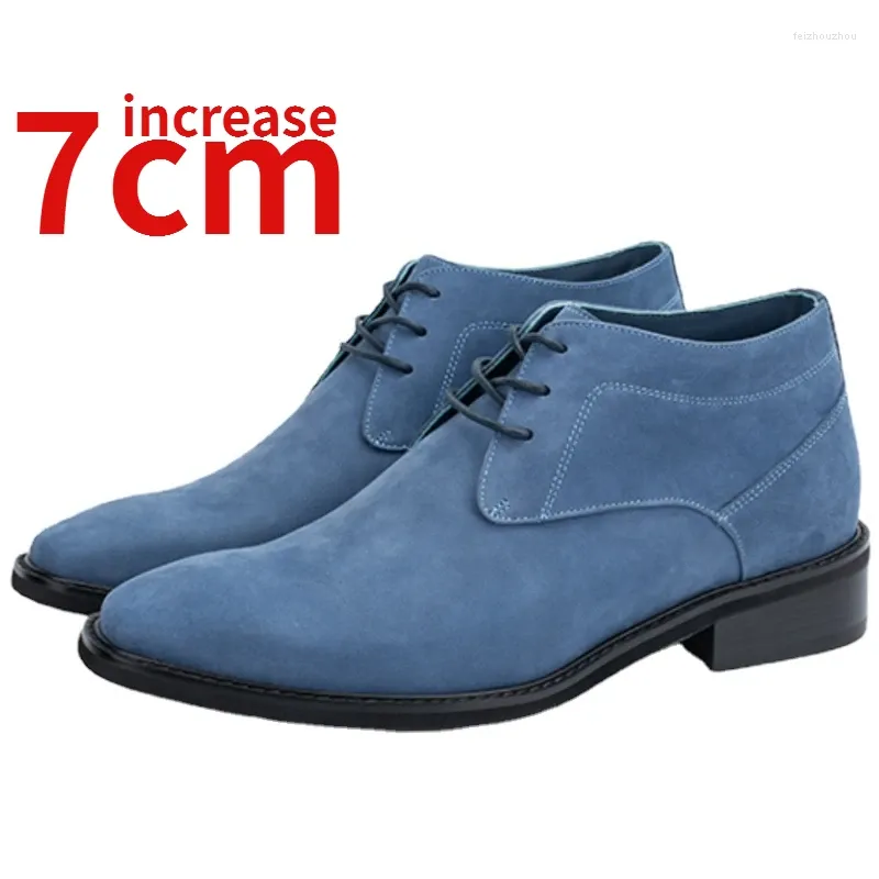 Scarpe eleganti con rialzo interno invisibile per uomo Design Scarpe da lavoro con rialzo in pelle blu opaco da 7 cm Scarpe da uomo autentiche