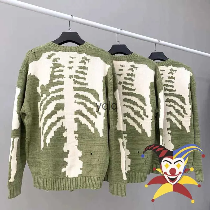 Herrenpullover Stricken KAPITAL Skull Sweater Männer Frauen Großes Skelett Grafik KAPITAL Sweater Vintage Destroyed Green Hole Pulloversyolq