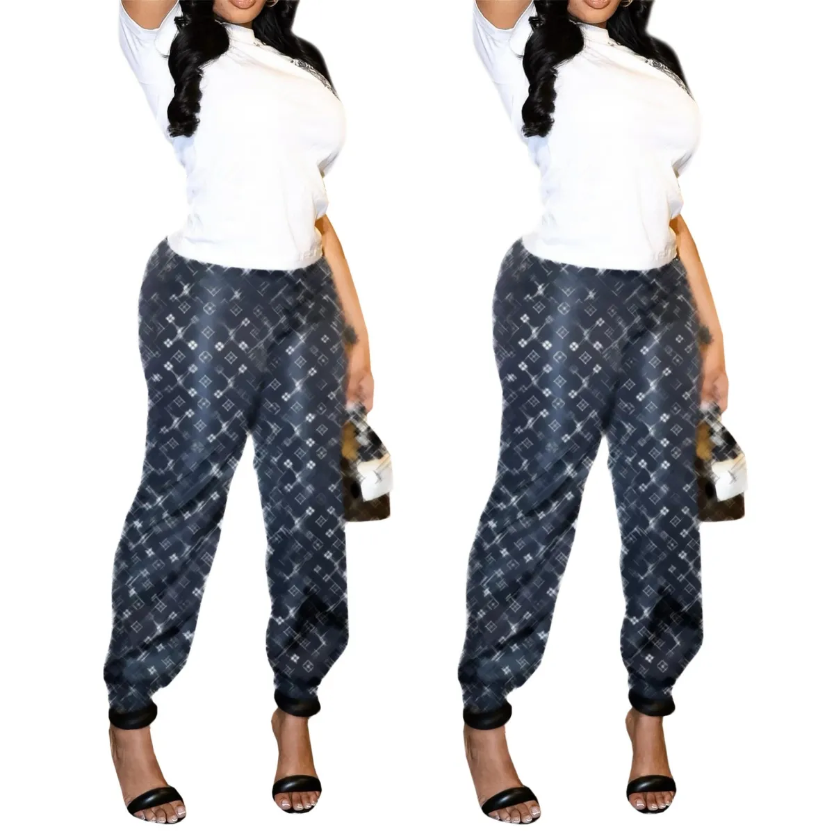 2024 Женские брюки из двух предметов, повседневная футболка с круглым вырезом и брюки с принтом, комплект одежды, бесплатная доставка