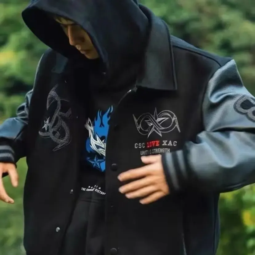 Mens Y2K Retro Baseball Jacket - Spring Autumn Leather