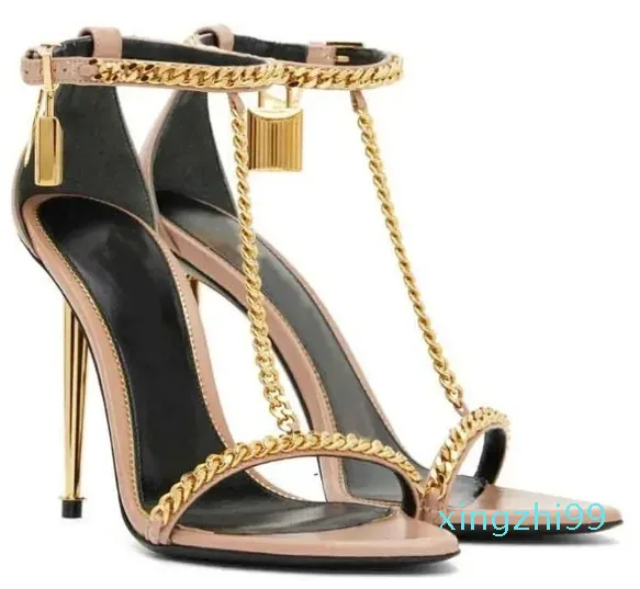 Estate di lusso in oro catena collegamento Ford sandali scarpe da donna lucchetto a punta nudo tacchi alti sandali gladiatore da sposa da donna