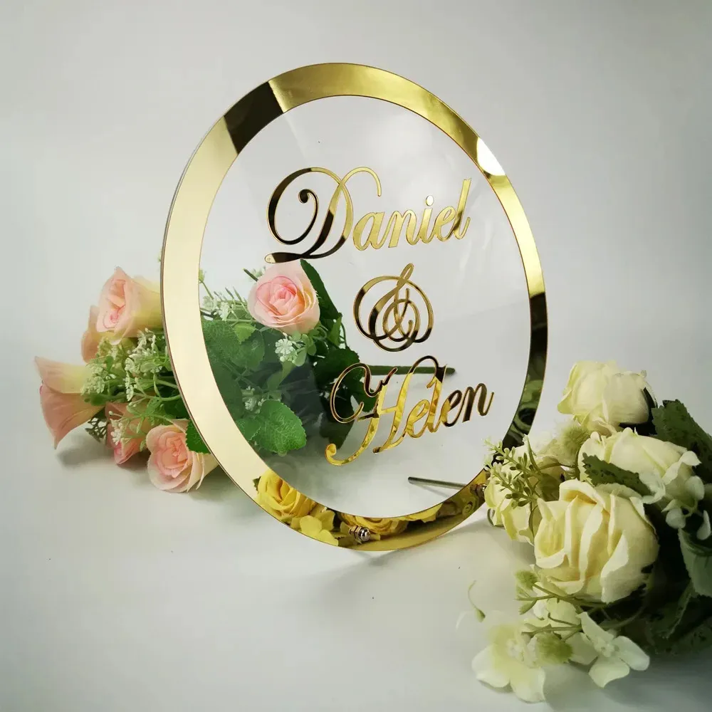 Sinal de nome de casamento personalizado moldura redonda espelho acrílico adesivo babyshower palavra sinal círculo forma festa decoração como convidados favor presente 240116