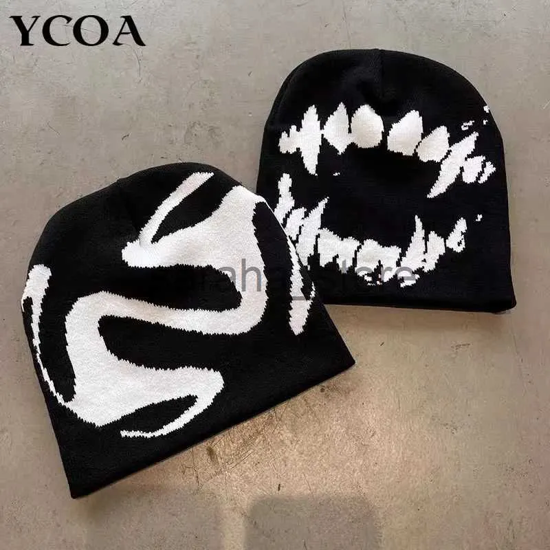 Beanie/Kafatası Kapakları Kadın Şapka Knittbeanies Goth Diş Kapakları Erkekler Y2K Sokak Giyim Kış Moda Külot Kpop Harajuku Vintage Sıcak Hip Hop Unisex J240117