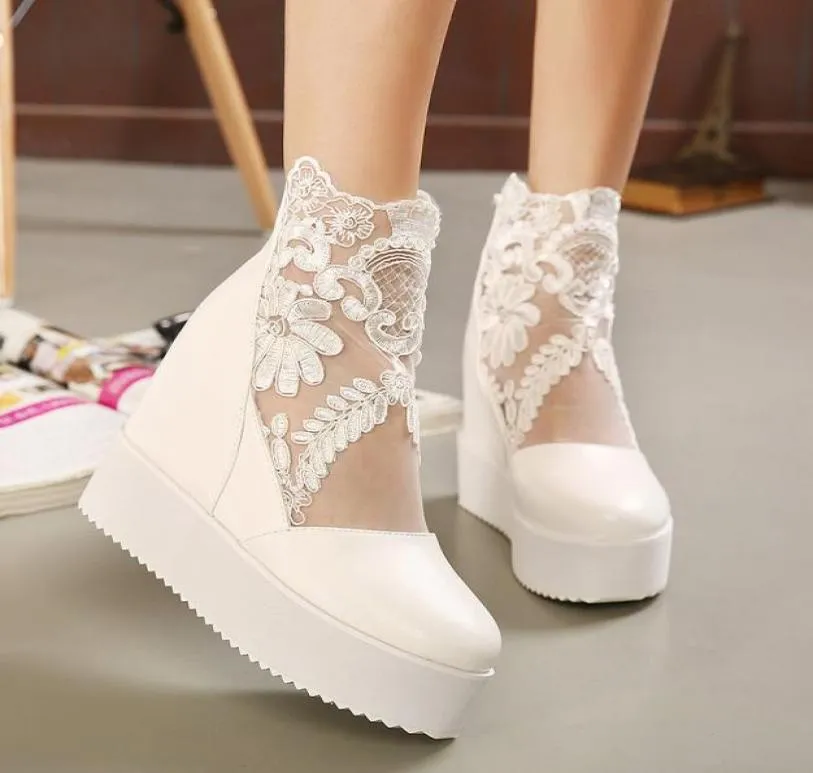 New White Lace Wedding Boots Silver Bridal Pumps Wedge Anal Boots 2 Colors Size 34 to 39 WX6533636