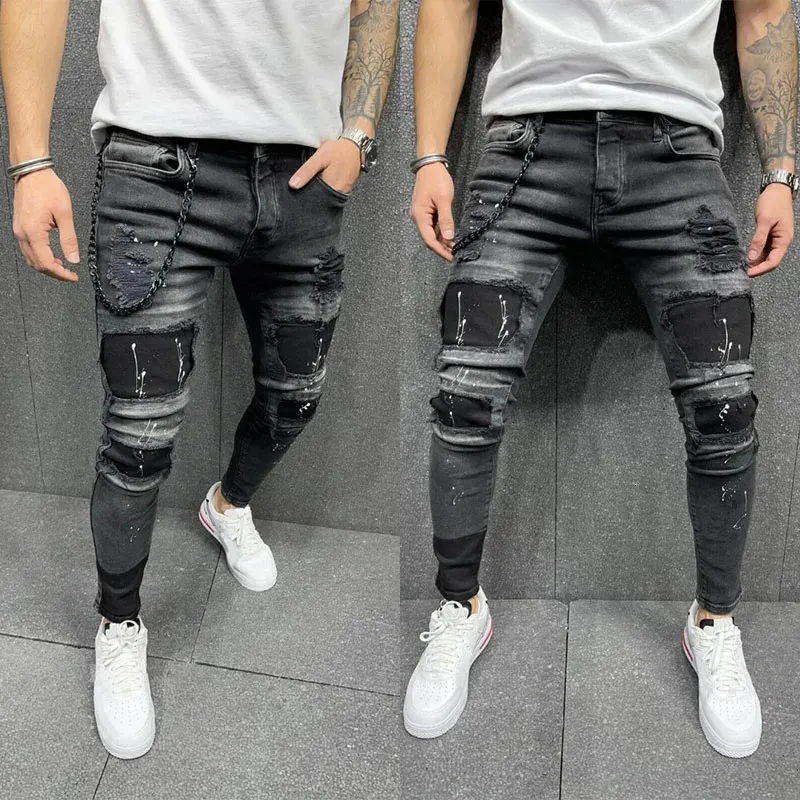 Men jeans Hip Hop Ripped Slim Stretch Pants Spring and Autumn Fashion Club pojkvän Kläder Högkvalitativ jeans S-3XL 240117