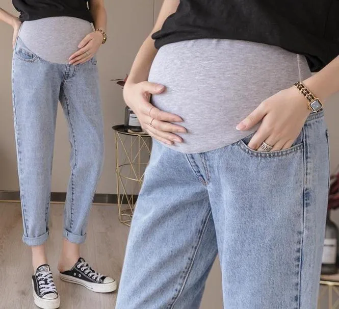 Printemps été Denim maternité jean droit taille haute ventre sarouel pour femmes enceintes pantalon de grossesse ample bas5597670