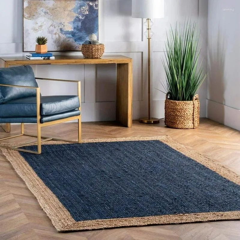 Carpets Rug Jute Blue Beige Border Braided 4x7 Feet Reversible Modern Rustic Look Floor Decoration