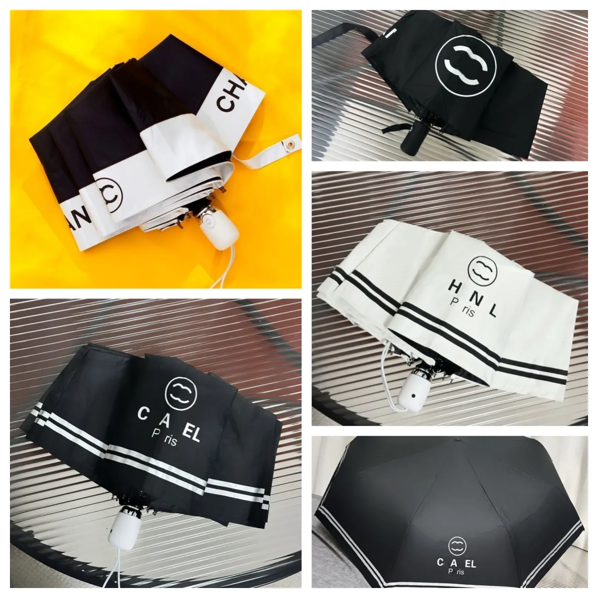 デザイナー傘ファッション折りたたみチャンネル傘完全自動メンズレディース黒と白のビンテージスタイリッシュなクラシック折りたたみ包装