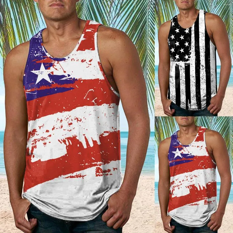 Men's Tank Tops Spring Men O Printed Blouse Beach Sleeveless Casual Flag Neck Summer T Shirt V