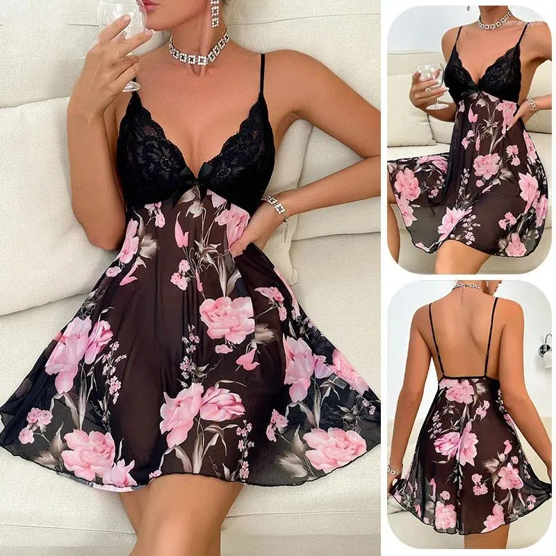 Women's Sleepwear Sexy Printed Chiffon Nightdress Female Lace Costumes Wedding Nighties Women Transparent Suspender Dress