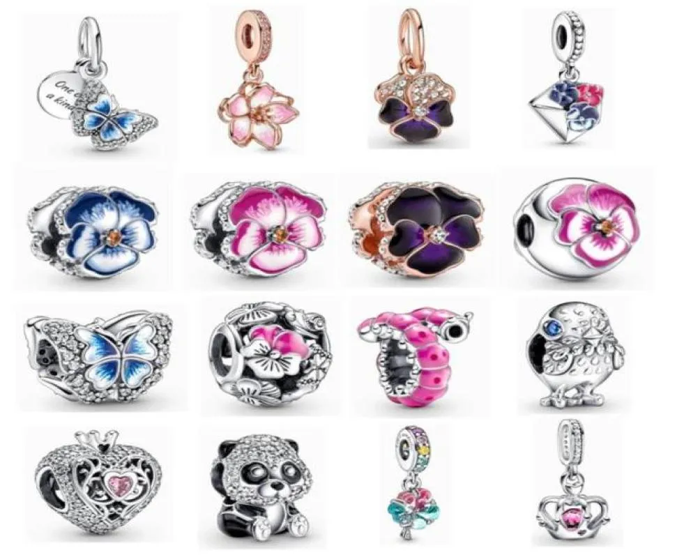 2022 New 925 Sterling Silver Spring Pansy Flower Pendant Charms Enamel Butterfly Beads for Original Bracelets and Necklaces Women Jewelry DIY9214663