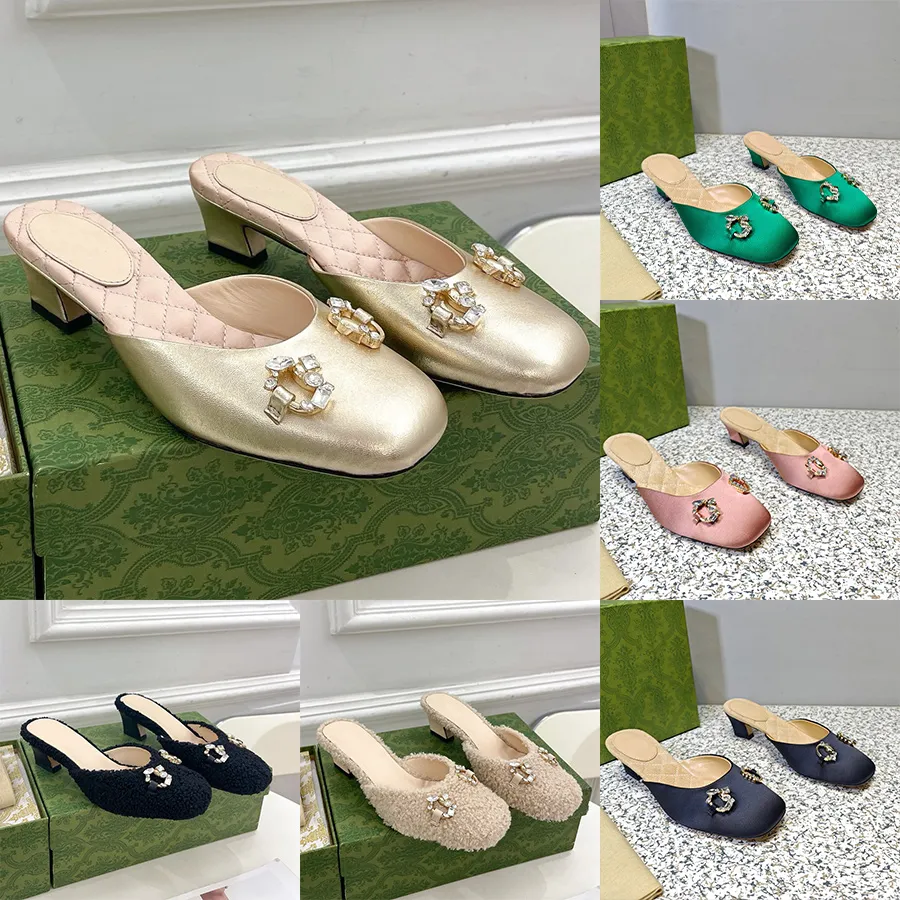 Pantoufles de créateurs de luxe plat vert noir sandales en satin strass chaussures à talons bas bouton en cristal boucle de bijou mules sans lacet plage diapositive taille 35-42