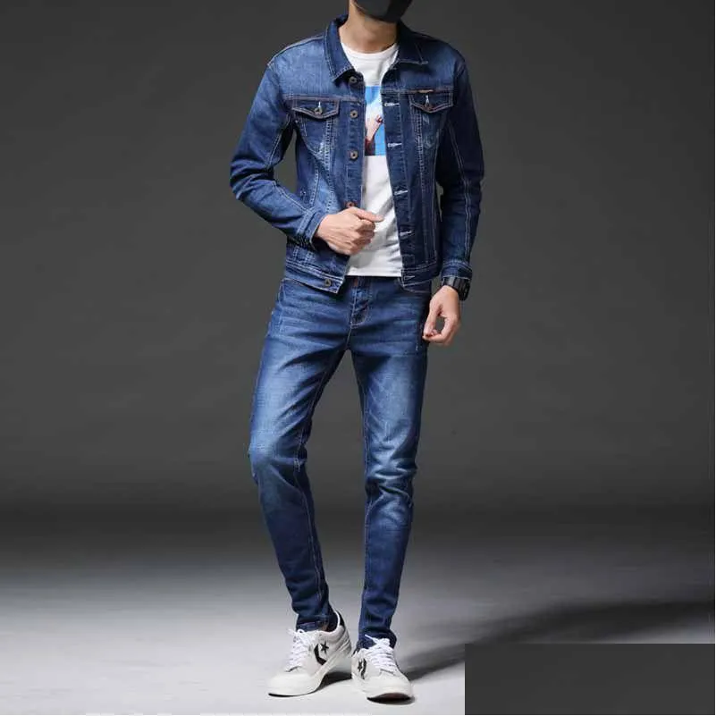 Men'S Tracksuits Smart Business Tracksuits Simple Blue Men Two-Piece Sets Spring Autumn Denim Jacket And Jeans Fashion Slim Trendy St Dhheb