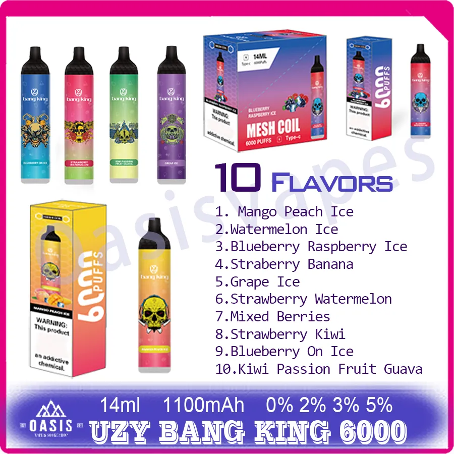 Otantik Uzy Bang King 6000 Puf Puf Tek Kullanımlık E Sigara Pufları 6K 14ml Önceden doldurulmuş sıvı vape kalem 1100mAH Şarj