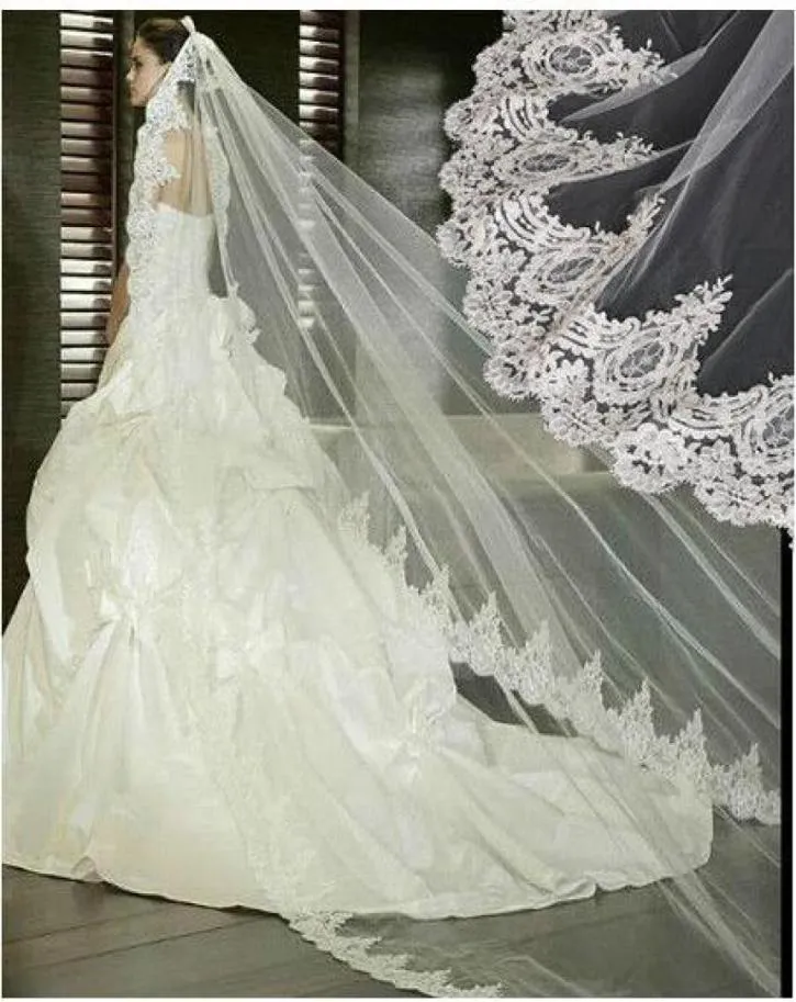 Modest Classic Vintage White Ivory Long Tulle Wedding Bridal Veil One Layer Applique Lace Wedding Veils1262873