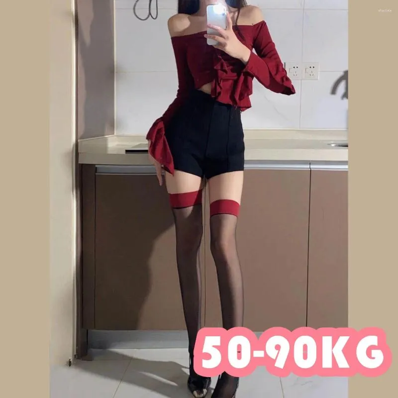 Women Socks 50-90KG Plus SizeJK Costumes Sexy Thigh Long High Stock Lolita Girls Top Stockings Transparent Over Knee Red Wide Edge