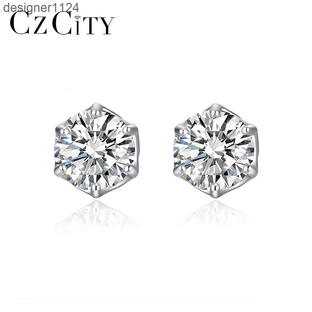 Czcity prata geométrica redonda brinco de diamante esterlina venda quente novo brinco de moissanite 925 parafuso prisioneiro gelado