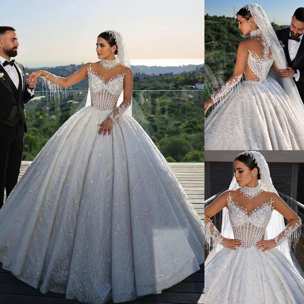 Vintage Ball Gown Wedding Dresses Sheer High Collar Long Sleeves Bridal Gowns Appliques Sequins Tassel Sweep Train Zipper Dress For Bride Custom Made