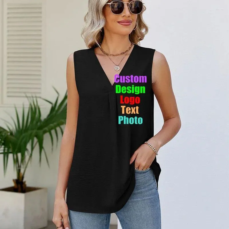 Camisetas sin mangas para mujer, Tops de gasa holgados con cuello en V de Color sólido, chaleco sin mangas con logotipo personalizado, Europa y Estados Unidos