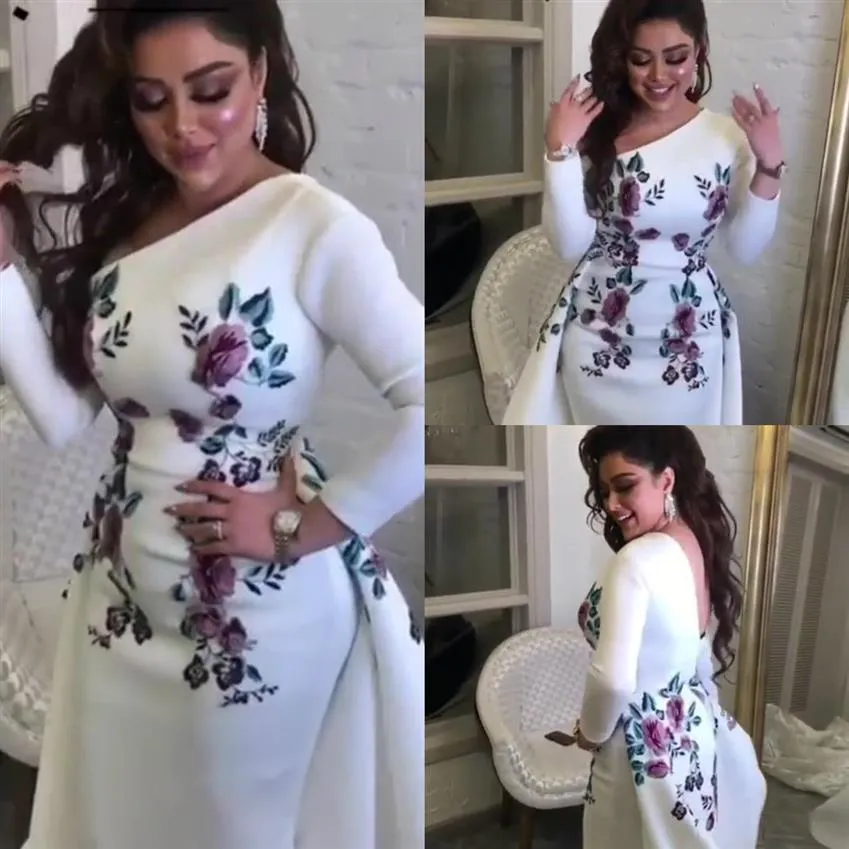 Arabic Dubai Mermaid Evening Dress Long Sleeves One Shoulder Appliques Plus Size White Formal Prom Special Event Party Gowns209g