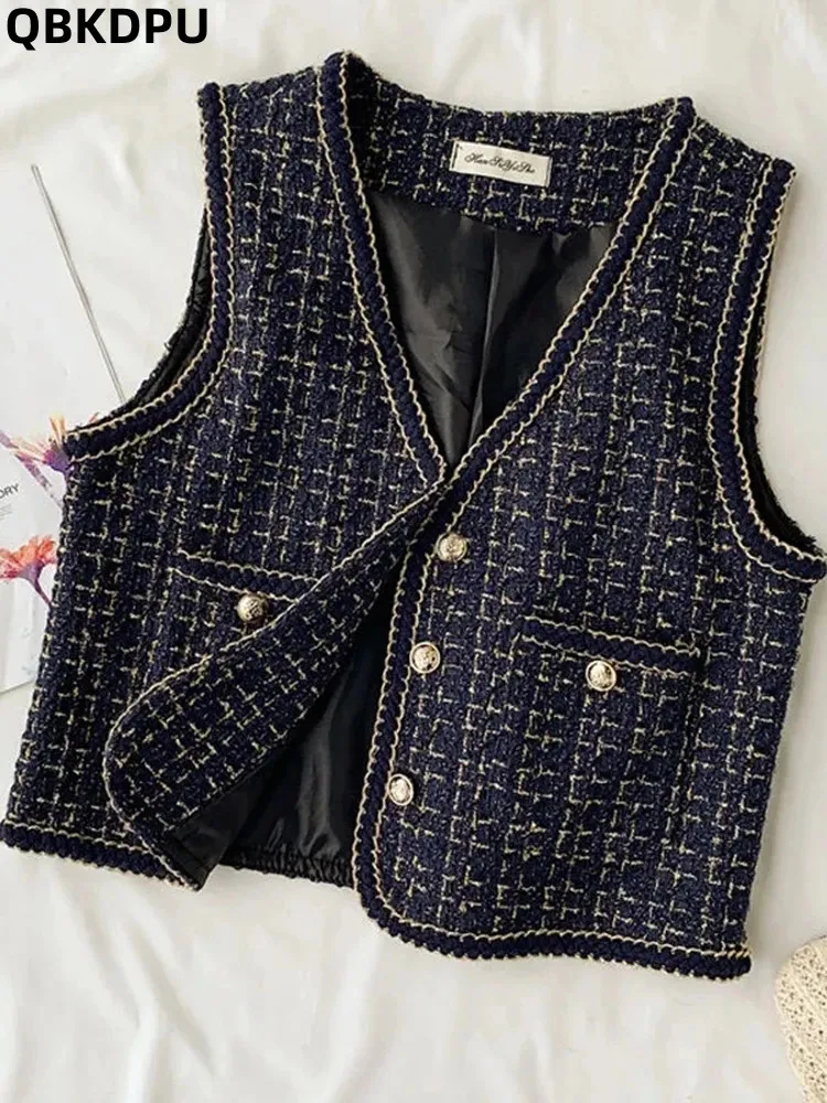 Koreaanse Tweed Vest Cropped Jassen Vrouwen Big Size Mouwloze Jaquetas Elegante Gilet Jassen Casual Weste Ceketler Plaid Vesten Top 240116