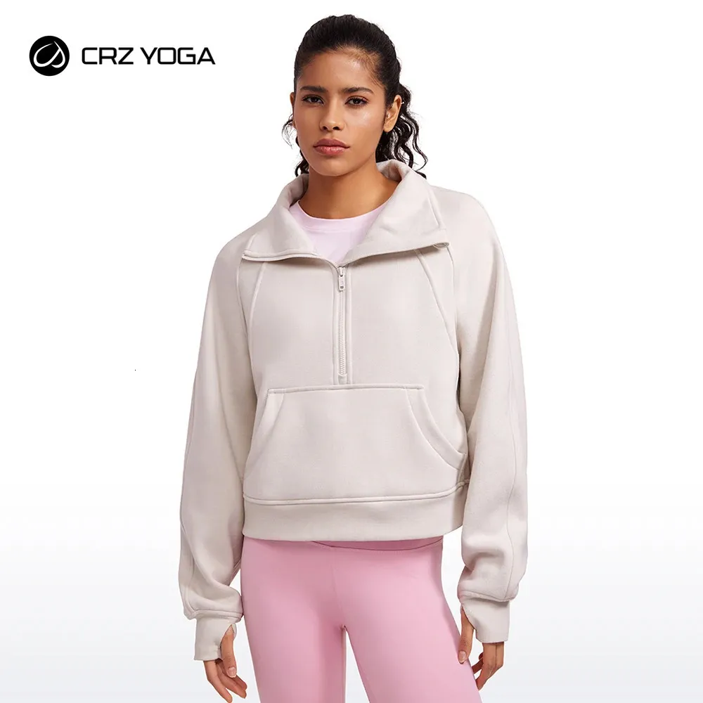 CRZ Yoga Womens Fleece مبطن نصف سحاب من بلوزات القمع عن رقبة طويلة الأكمام ذات الحجم الكبير مع ثقوب الإبهام 240116