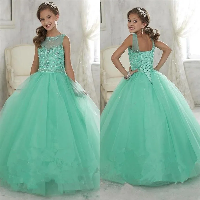 2021 bonito menta verde meninas pageant vestidos tule sheer tripulação pescoço frisado cristais espartilho volta flor meninas aniversário princess204d